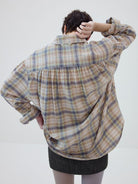 SIMPLE PROJECT Shawl Collar Crinkled Plaid Shirt in Khaki - On Model
