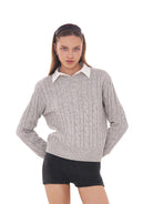 SweetChilling Contrast Cuff Cable Knit Sweater in Gray - On Female Model