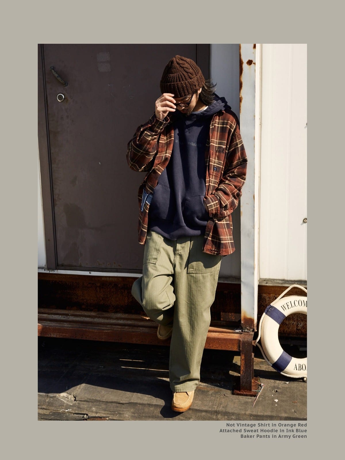 USAGE Heavyweight Herringbone Baker Pants in Olive - On Male Model