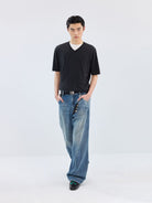 SIMPLE PROJECT Cashmere Blend V Neck Knit T Shirt in Black - On Male Model
