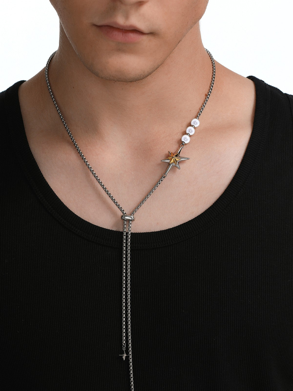BLACKHEAD Star Pendant Pearl Layered Necklace in Gray - On Male Model