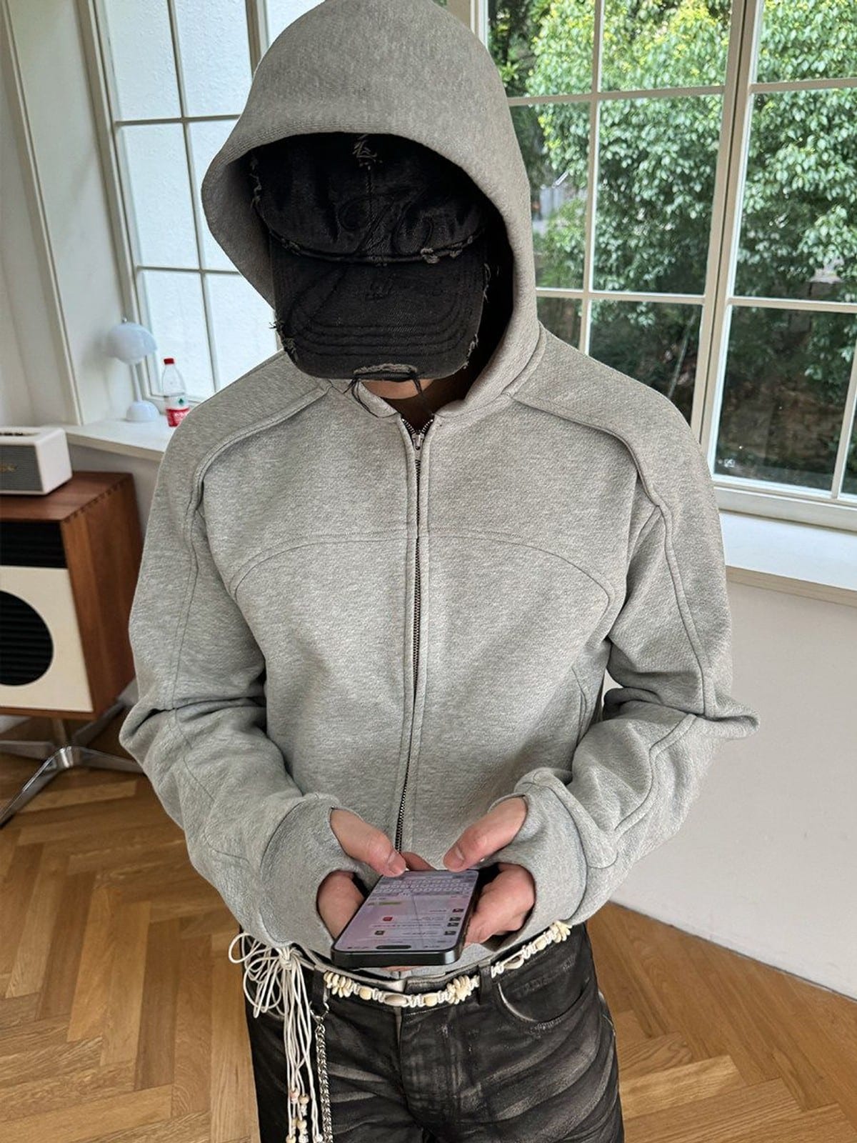 JCAESAR STUDIO Arch Panel Zip Up Hoodie in Dark Gray - On Model