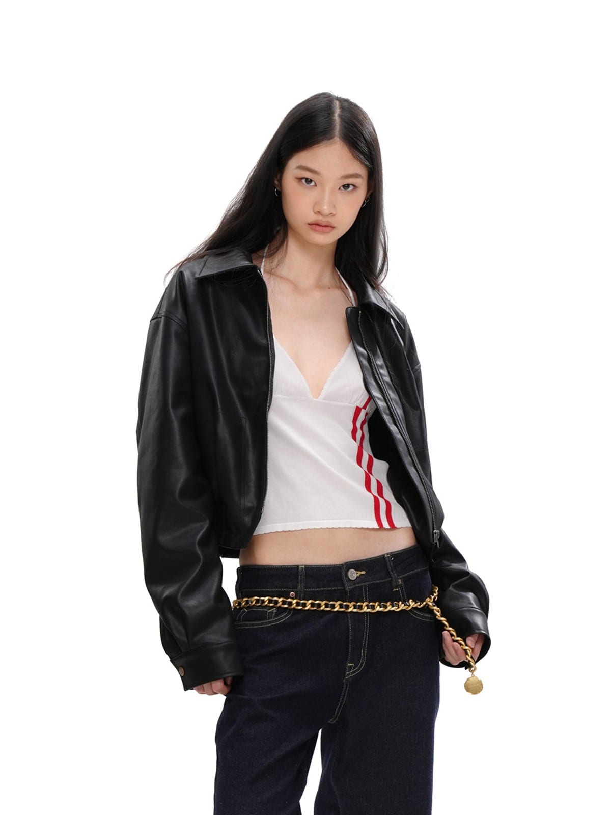 SweetChilling Fleece Lined Cropped Faux Leather Jacket in Black - On Female Model