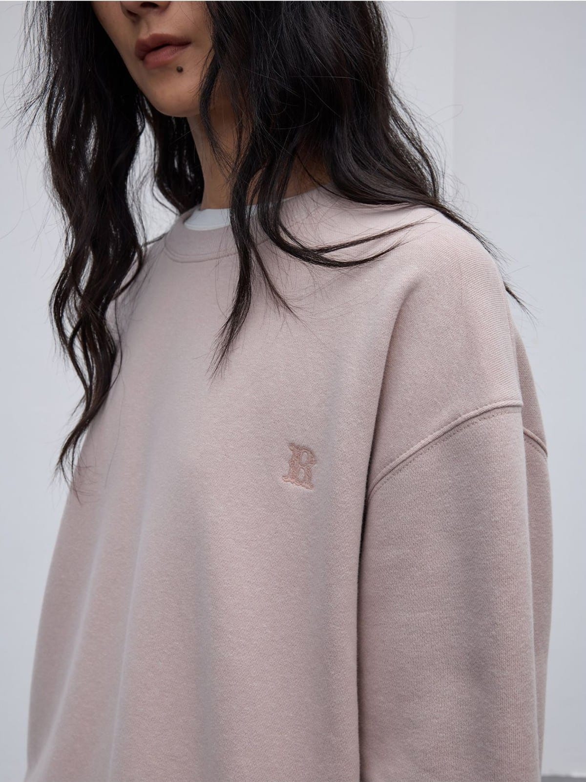 Random Piece Cotton Kapok Blend Crewneck Sweatshirt in Pink - On Female Model