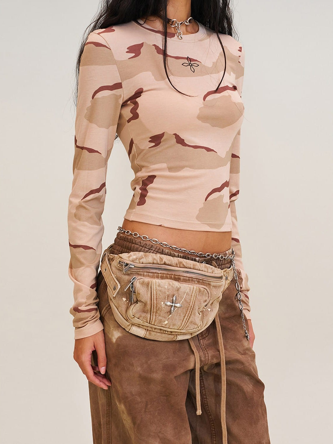 SMFK Distressed Denim Waist Bag in Denim - On Female Model