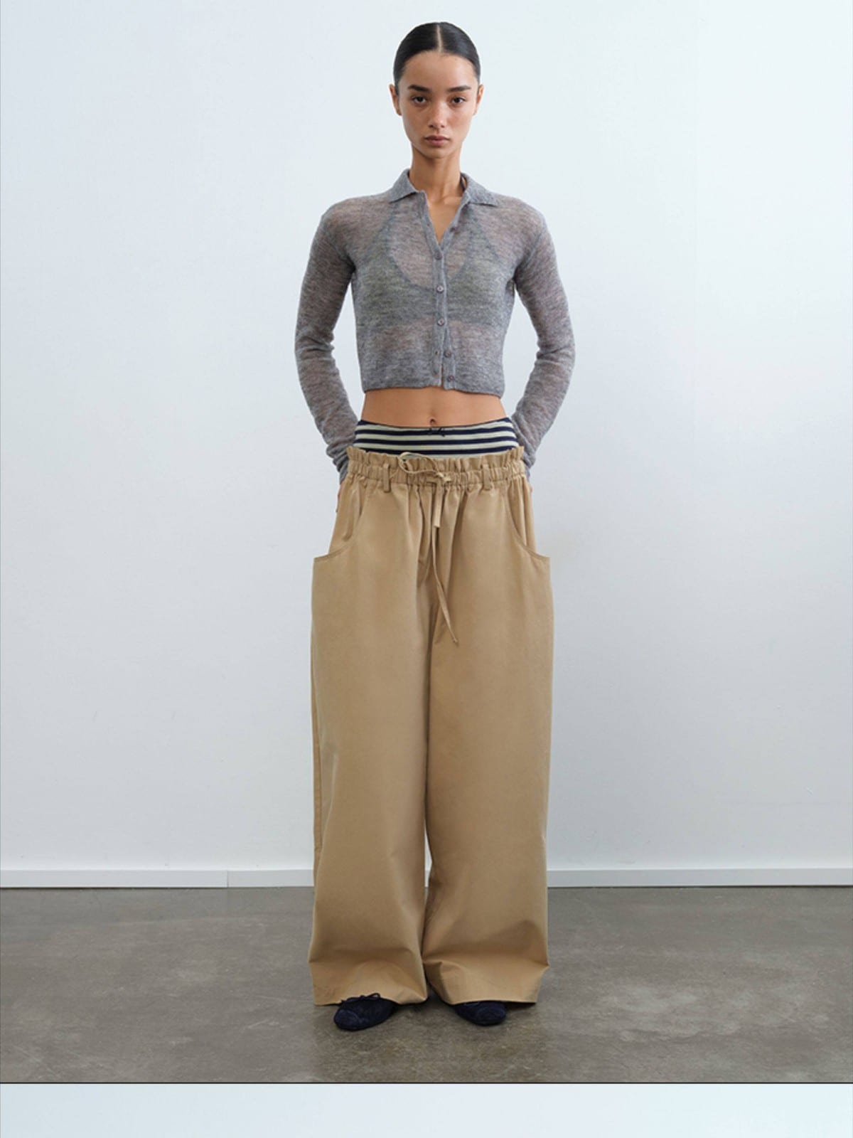 RARELY ALIKE Cropped Alpaca Blend Polo Cardigan in Gray - On Female Model