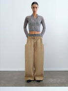 RARELY ALIKE Cropped Alpaca Blend Polo Cardigan in Gray - On Female Model