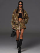 SMFK Camouflage Zip Up Cropped Jacket in Beige - On Female Model