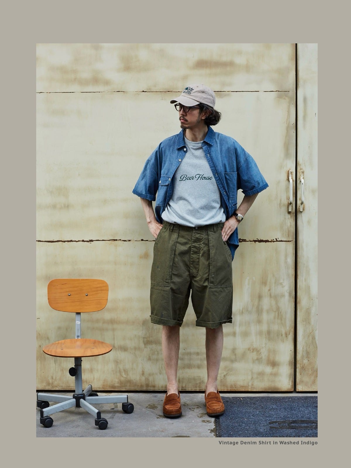 USAGE Distressed Short Sleeve Denim Shirt in Denim - On Male Model