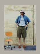 USAGE Distressed Short Sleeve Denim Shirt in Denim - On Male Model