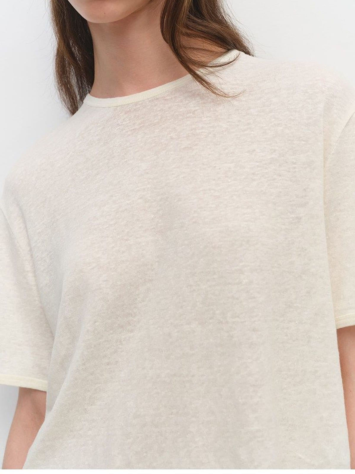 MSBEAST Sheer Linen Blend Crewneck T Shirt in White - On Female Model