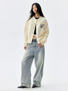 MEDM Floral Embroidered Knit Cardigan in Cream - On Female Model