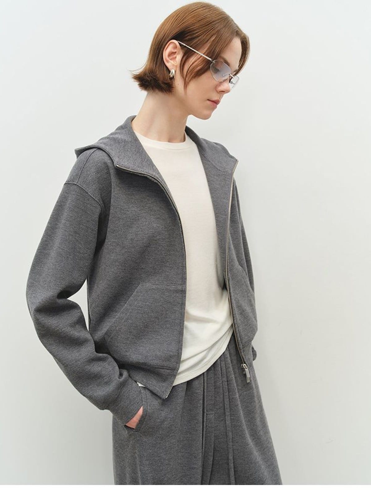 MSBEAST Wool Blend Cropped Hoodie Sweatpants Set in Gray - On Female Model