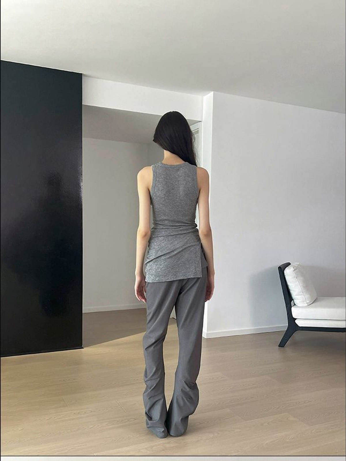 RARELY ALIKE Curved Leg Flared Dress Pants in Gray - On Model
