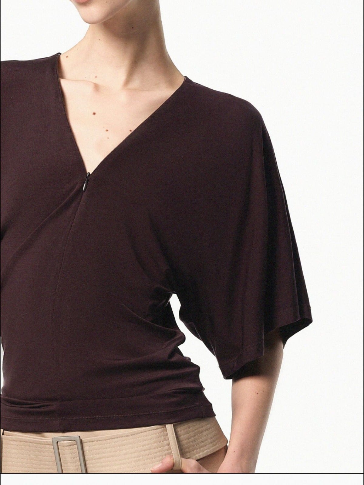 RARELY ALIKE Lyocell V Neck Batwing Sleeve Top in Brown - On Female Model