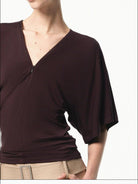 RARELY ALIKE Lyocell V Neck Batwing Sleeve Top in Brown - On Female Model