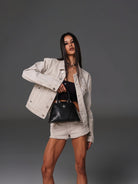SMFK Medium Leather Shell Bag in Black - On Female Model