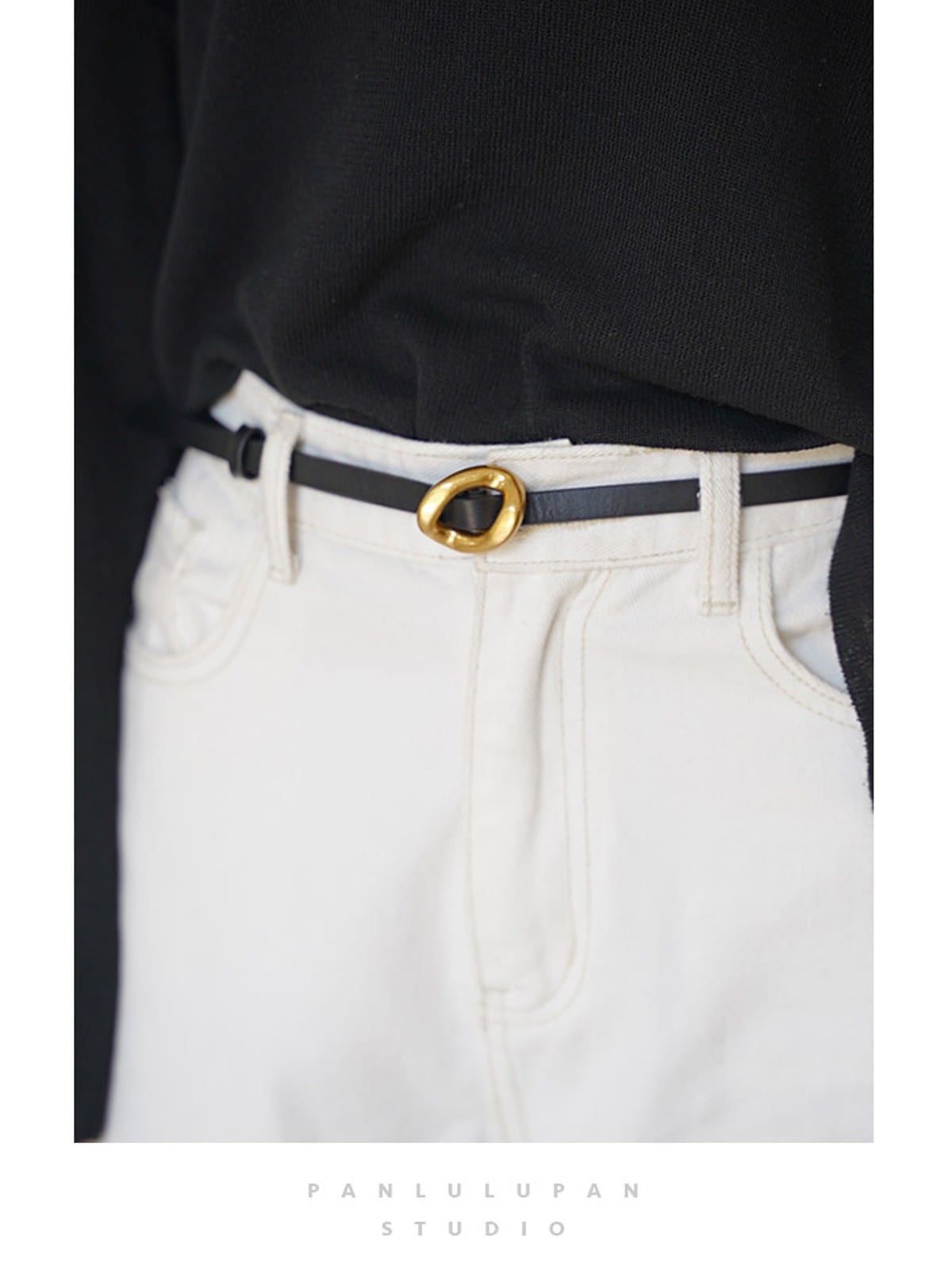 PANLULUPAN Adjustable Thin Leather Belt in Black - On Model