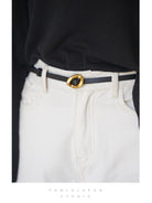 PANLULUPAN Adjustable Thin Leather Belt in Black - On Model