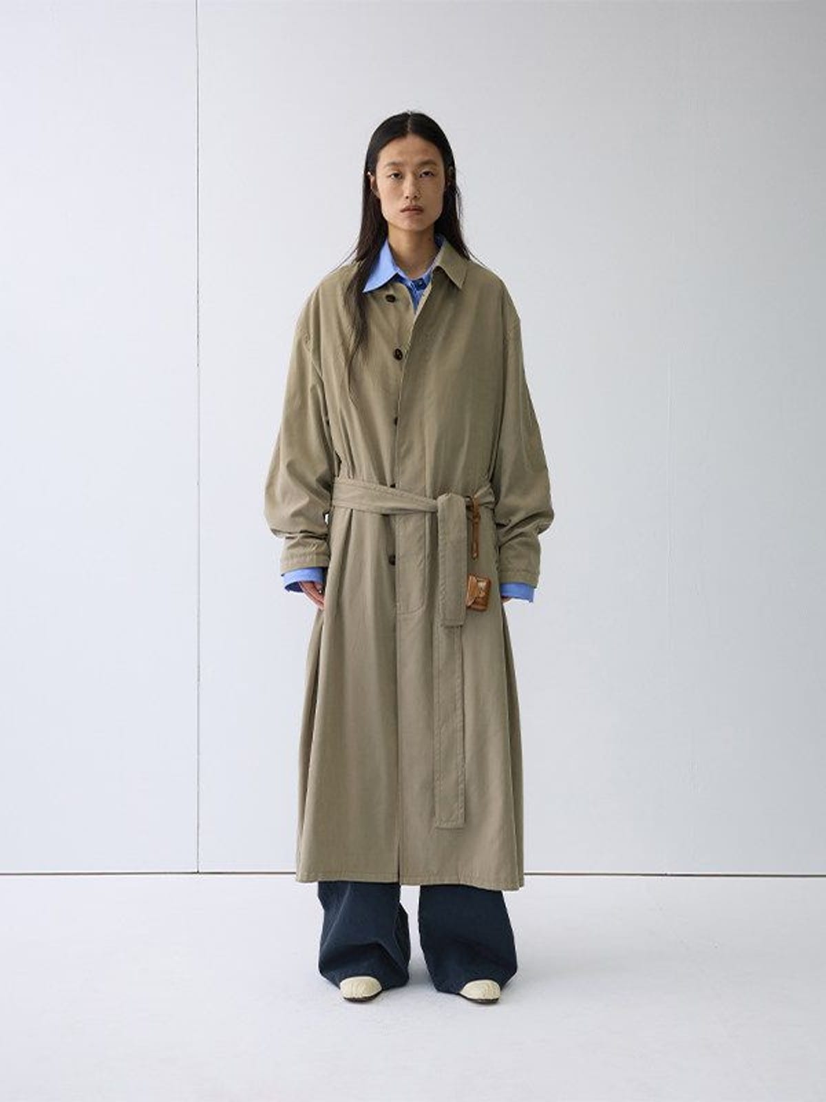 Random Piece Soft Draped Nylon Blend Trench Coat in Beige - On Female Model