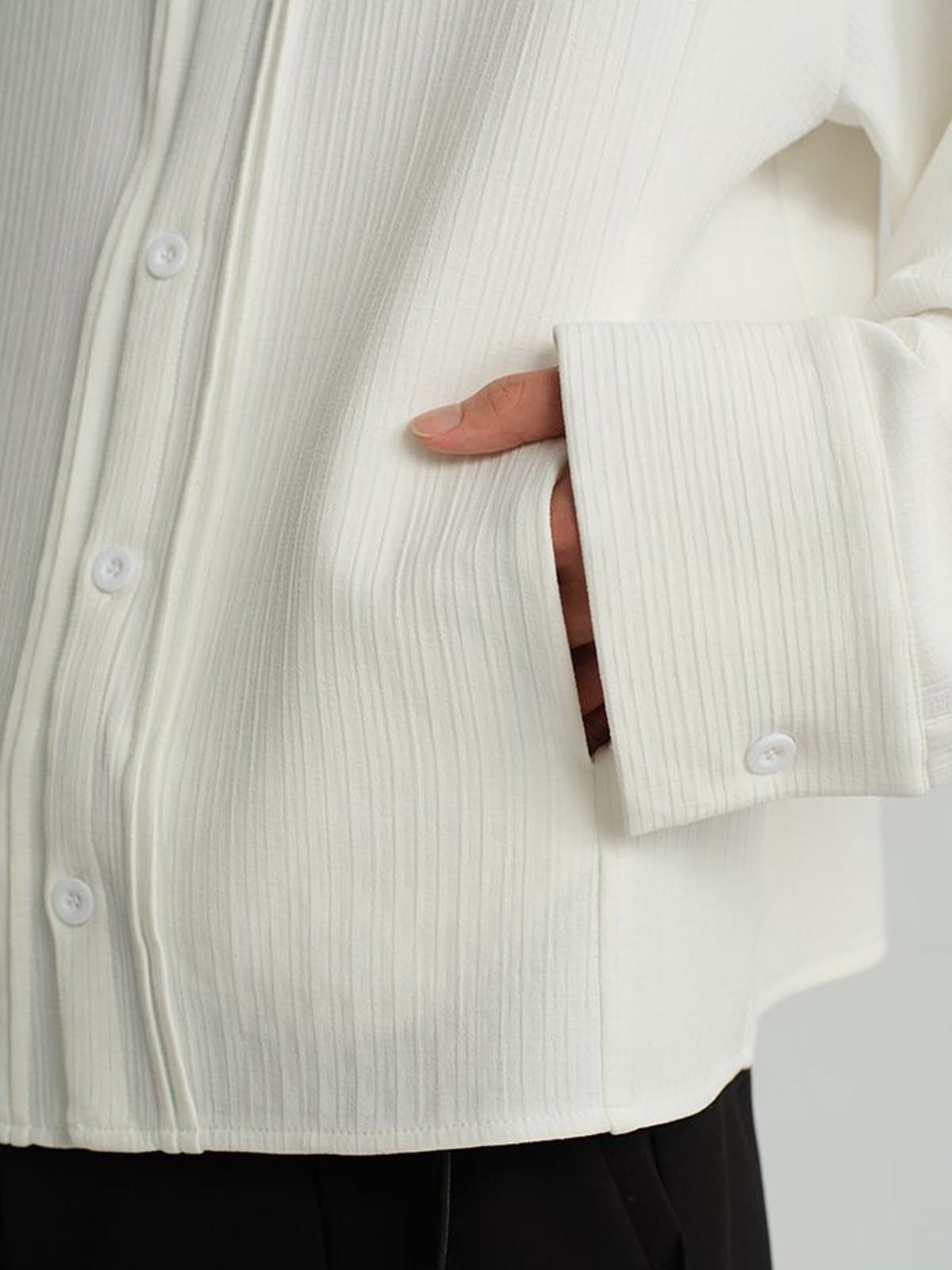 JCAESAR STUDIO Striped Pleated Pointed Collar Shirt in White - On Model