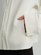 JCAESAR STUDIO Striped Pleated Pointed Collar Shirt in White - On Model