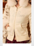 BeerBro Fur Trimmed Rhinestone Knit Hoodie in Apricot - On Female Model