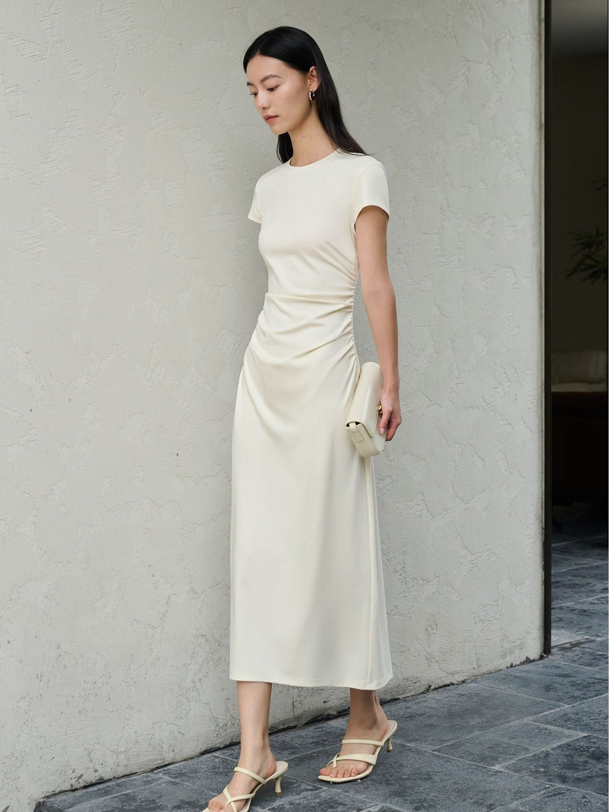 TEASEL Ruched Cotton Blend Knit Dress in Cream - On Female Model
