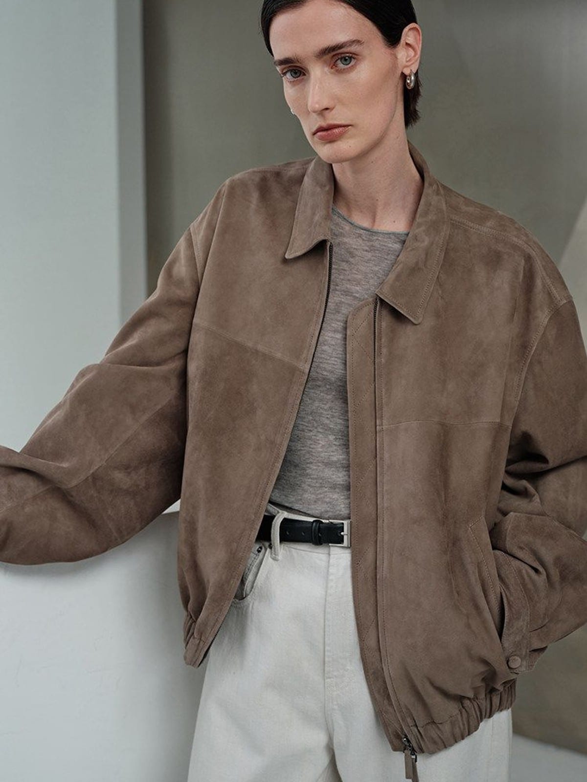 MSBEAST Broad Shoulder Sheepskin Jacket in Beige - On Female Model