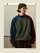 USAGE Colorblock Raglan Cotton Sweatshirt in Green - On Male Model