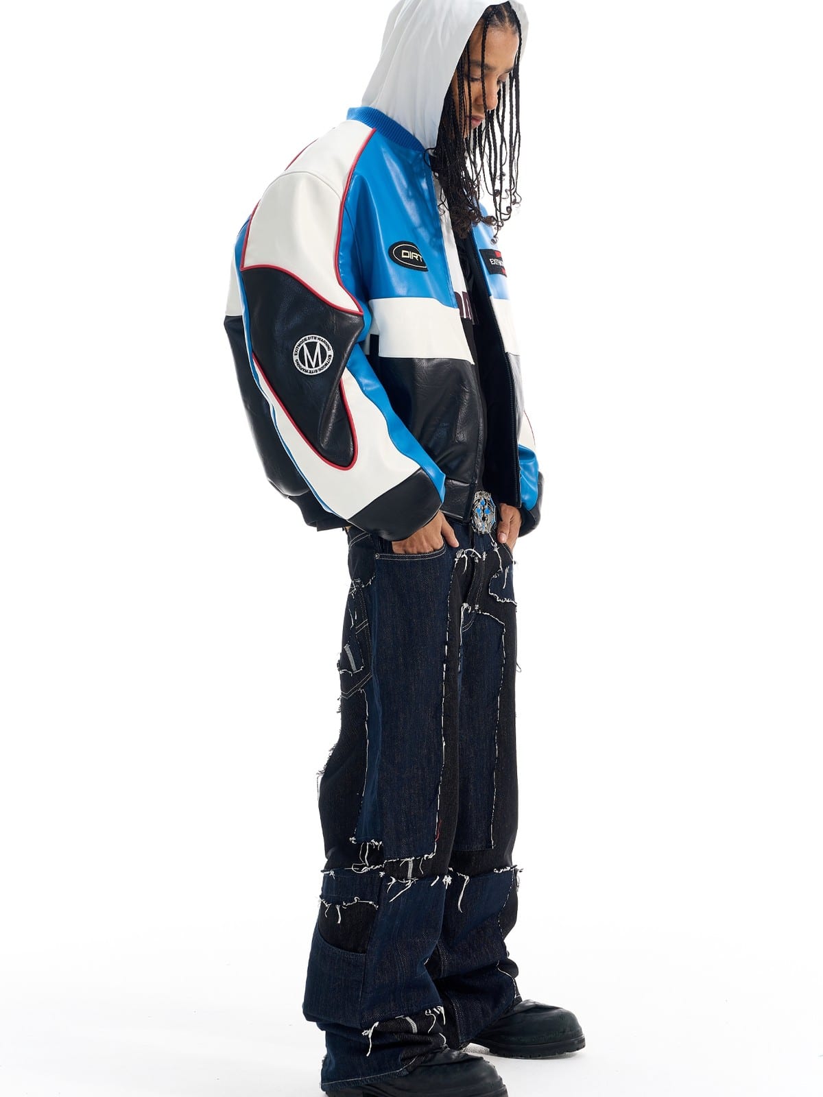 BLINDNOPLAN Color Block Faux Leather Padded Jacket in Blue - On Male Model