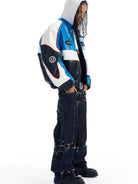 BLINDNOPLAN Color Block Faux Leather Padded Jacket in Blue - On Male Model