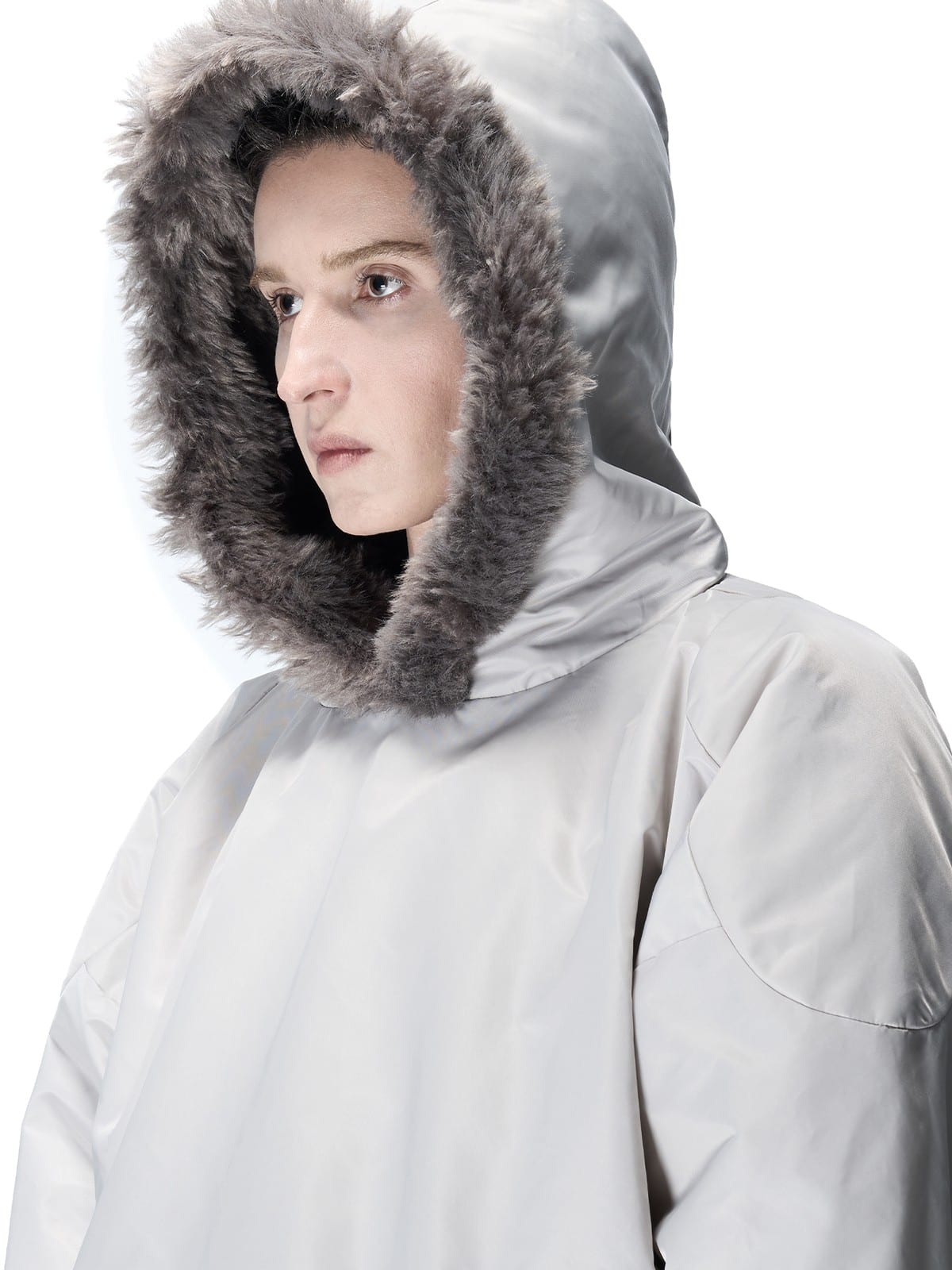 D5ove Fur Trim Hooded Padded Pullover in Gray - On Model