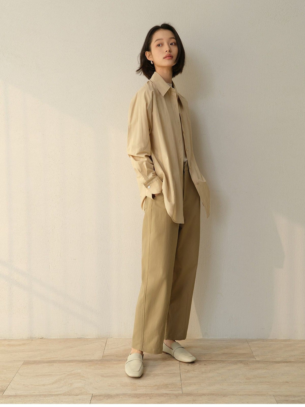 TEASEL Short Stand Collar Trench Coat in Khaki - On Female Model