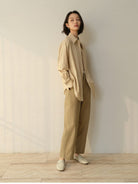 TEASEL Short Stand Collar Trench Coat in Khaki - On Female Model