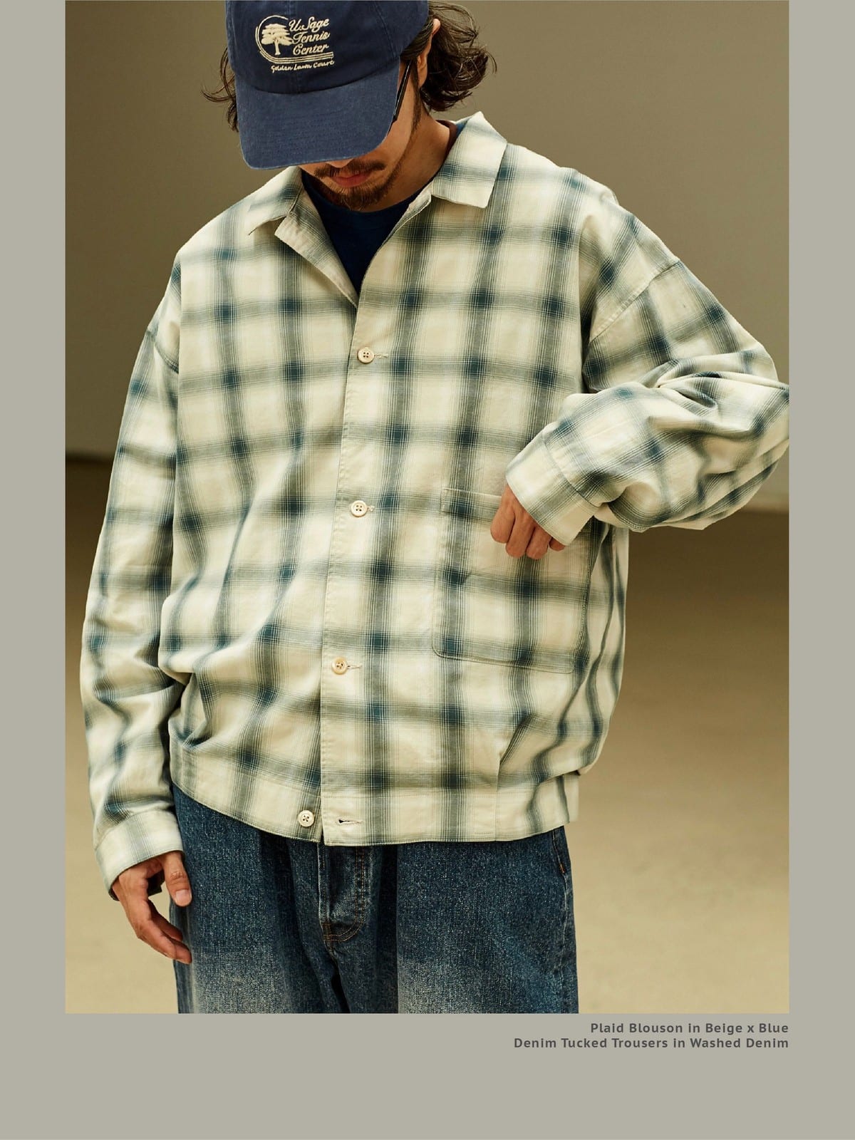 USAGE Gradient Plaid Cotton Blouson in Off-White - On Male Model