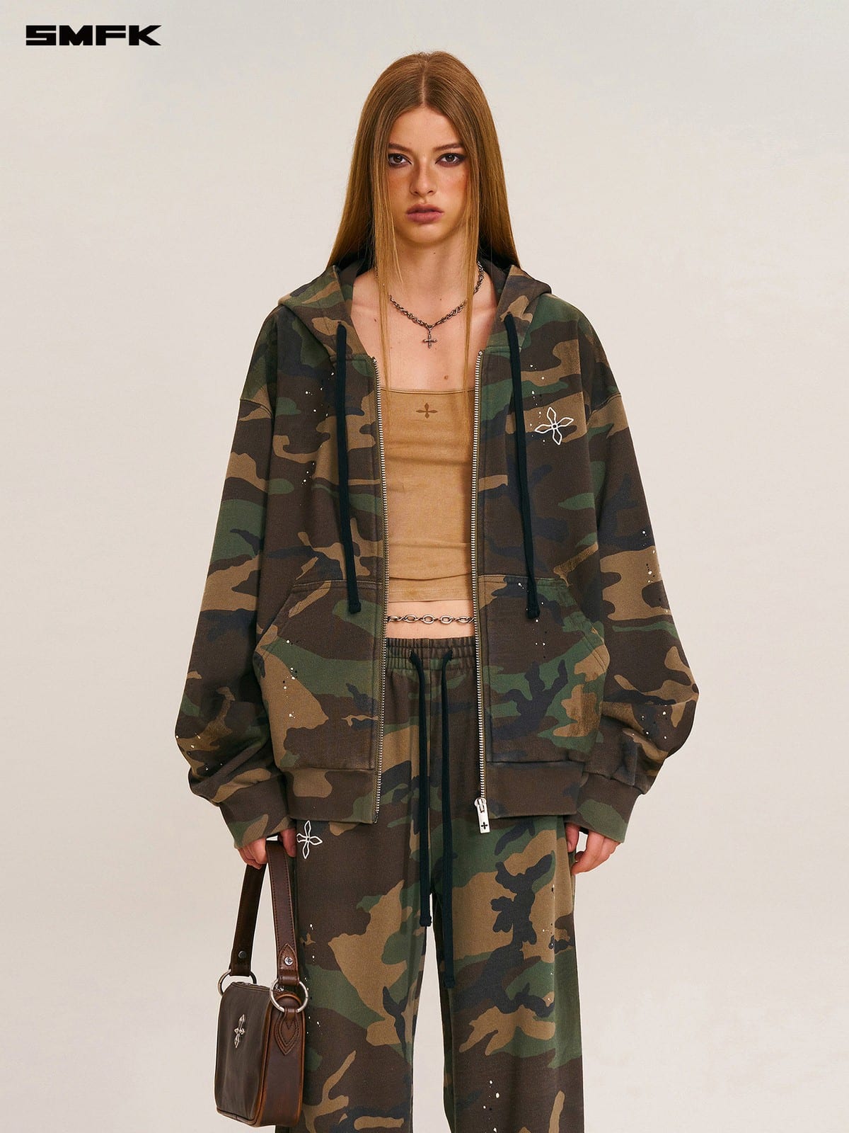 SMFK Cross Embroidered Cotton Zip Up Hoodie in Green - On Female Model