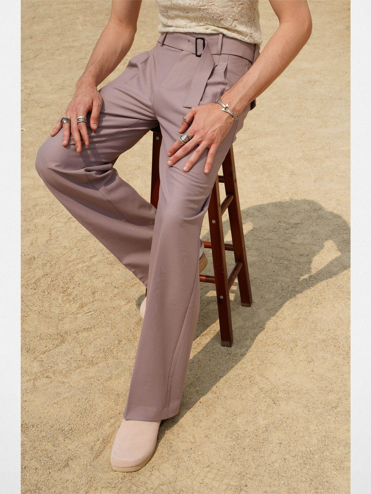 Retro 21 Pleated Straight Leg Trousers in Beige - On Male Model