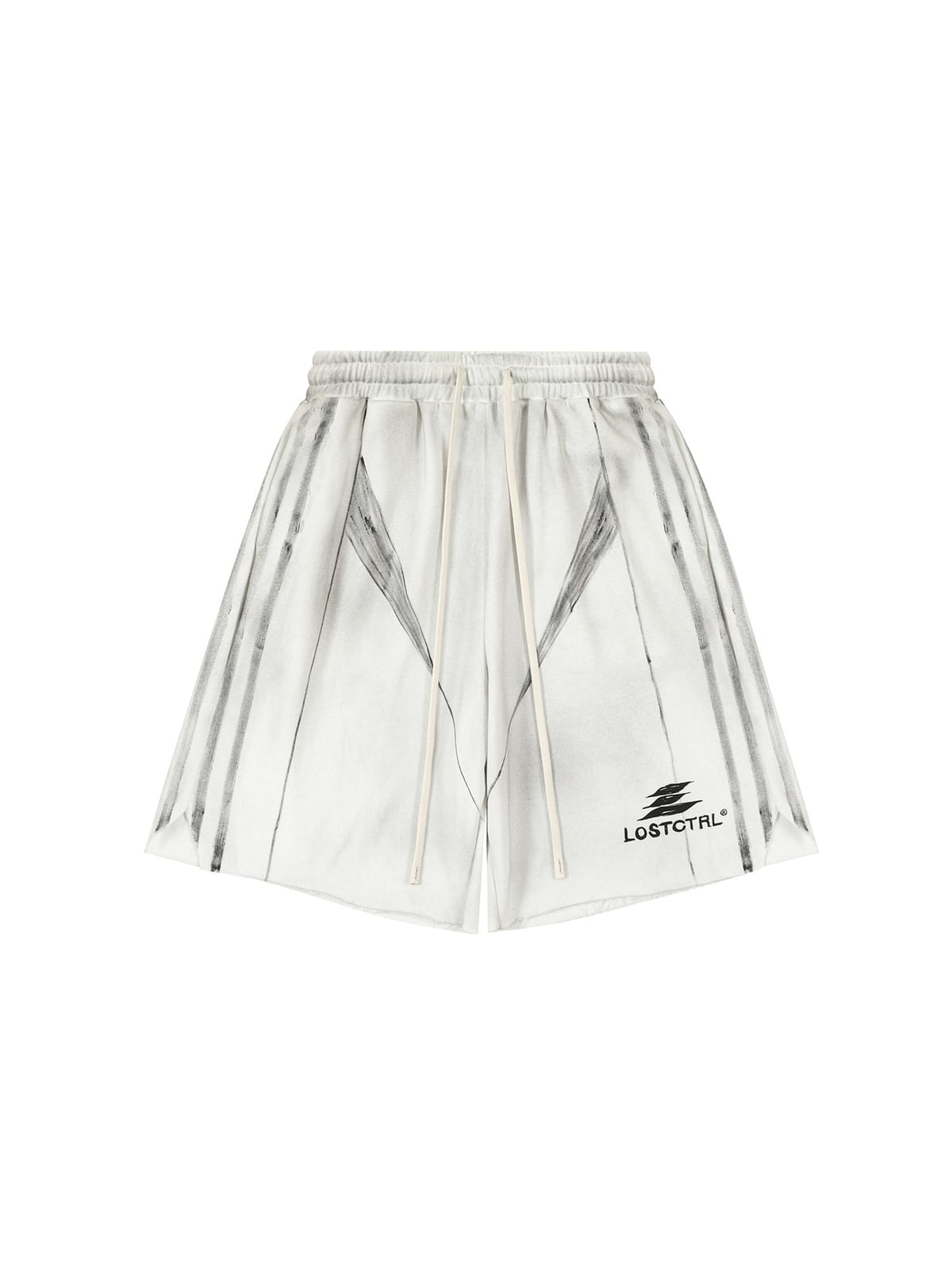 LOSTCTRL Distressed Structural Print Shorts in White