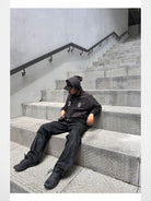 SOD Waxed Leather Buckle Jeans in Black - On Model