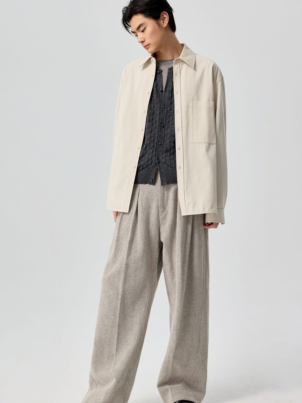 SIMPLE PROJECT Lyocell Cotton Pocket Work Shirt in Cream - On Male Model
