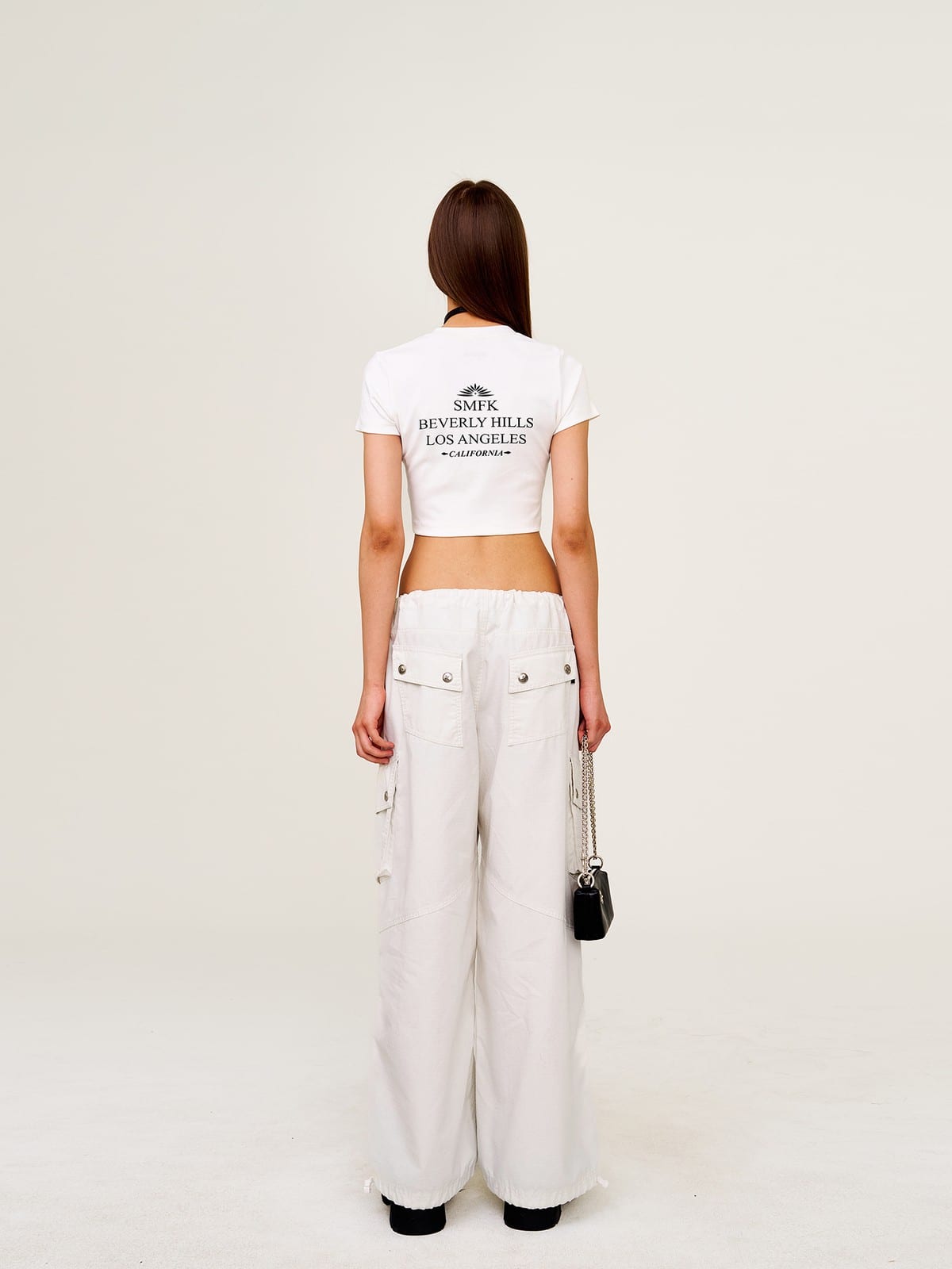 SMFK Wide Leg Parachute Cargo Pants in Gray - On Female Model