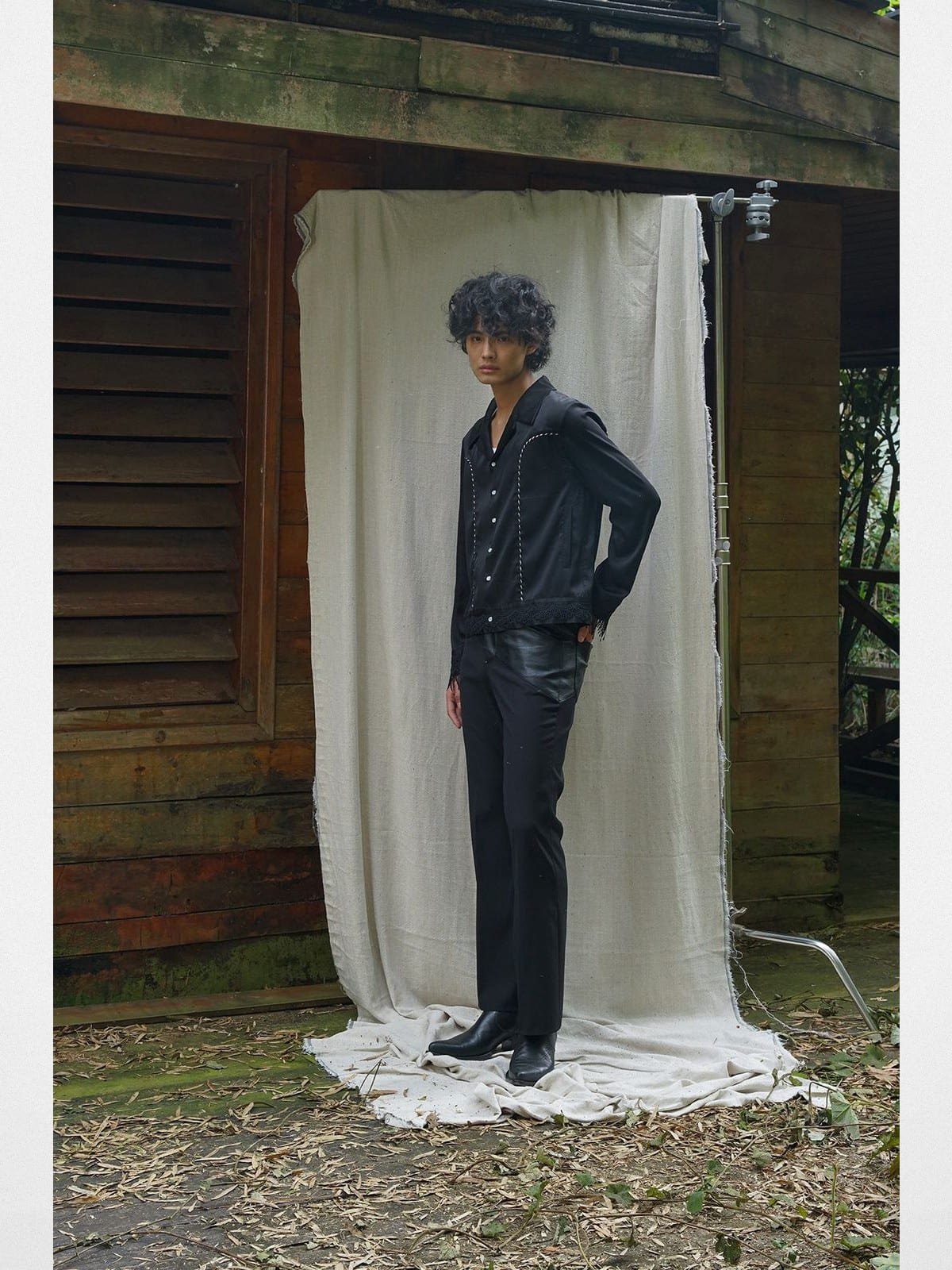 Retro21 Western Fringe Shirt Jacket in Black - On Male Model