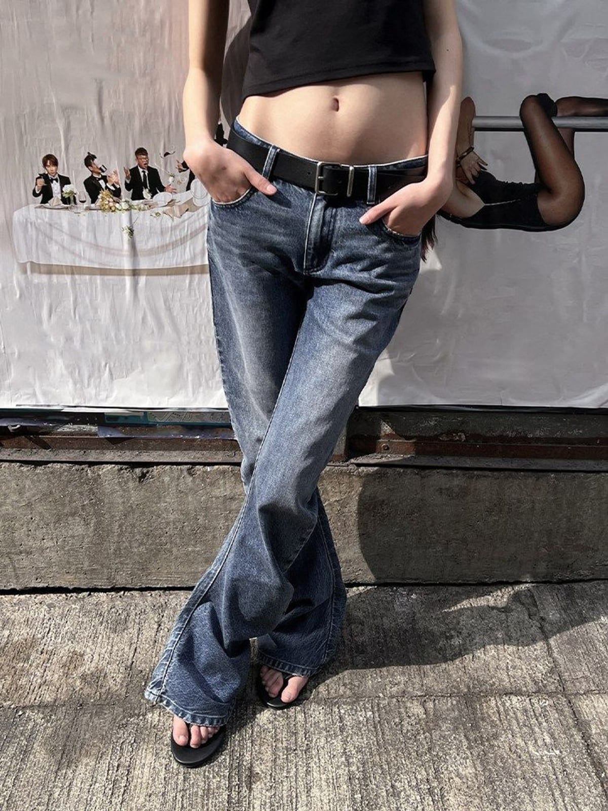 RARELY ALIKE 3D Cut Curved Flared Jeans in Denim - On Model