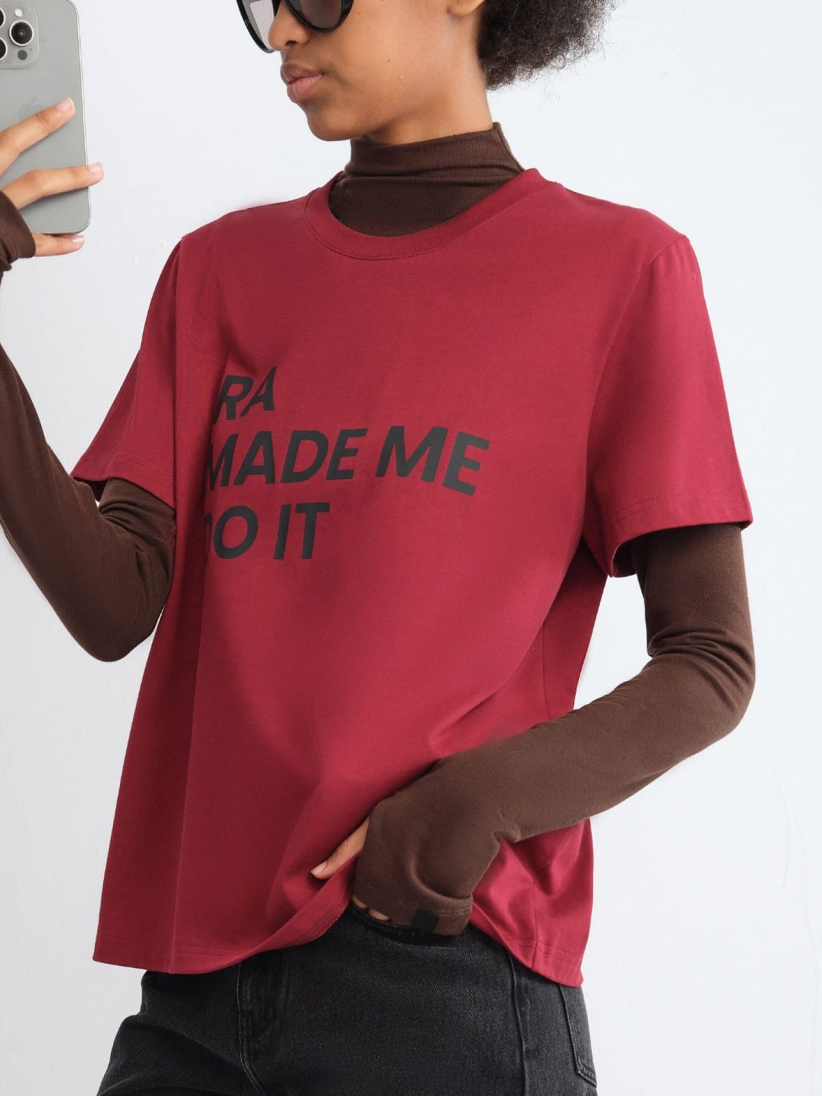 RARELY ALIKE Anniversary Slogan Cotton T Shirt in Burgundy - On Female Model