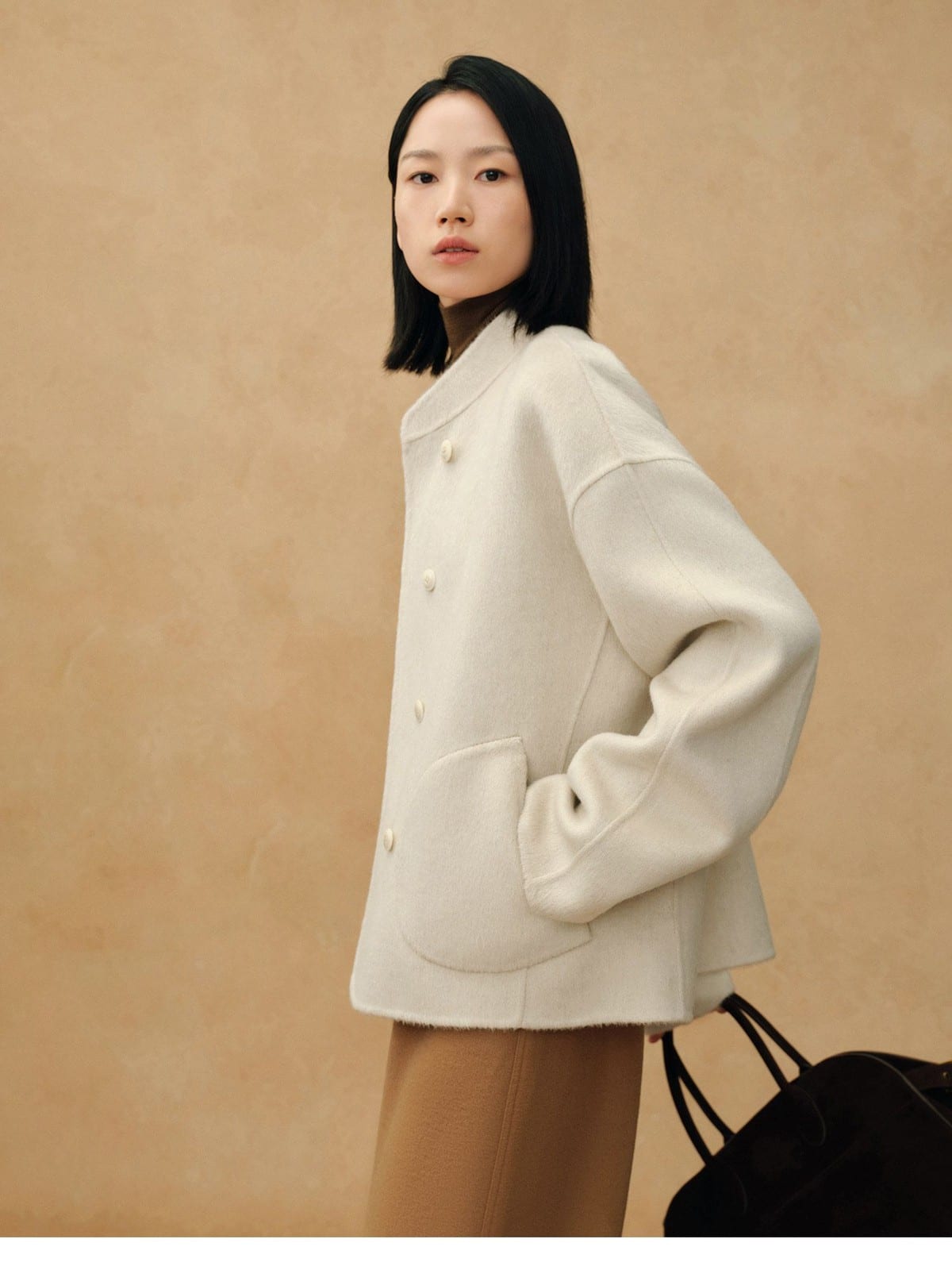 TEASEL Wool Blend Stand Collar Short Coat in Oatmeal - On Female Model