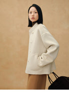 TEASEL Wool Blend Stand Collar Short Coat in Oatmeal - On Female Model