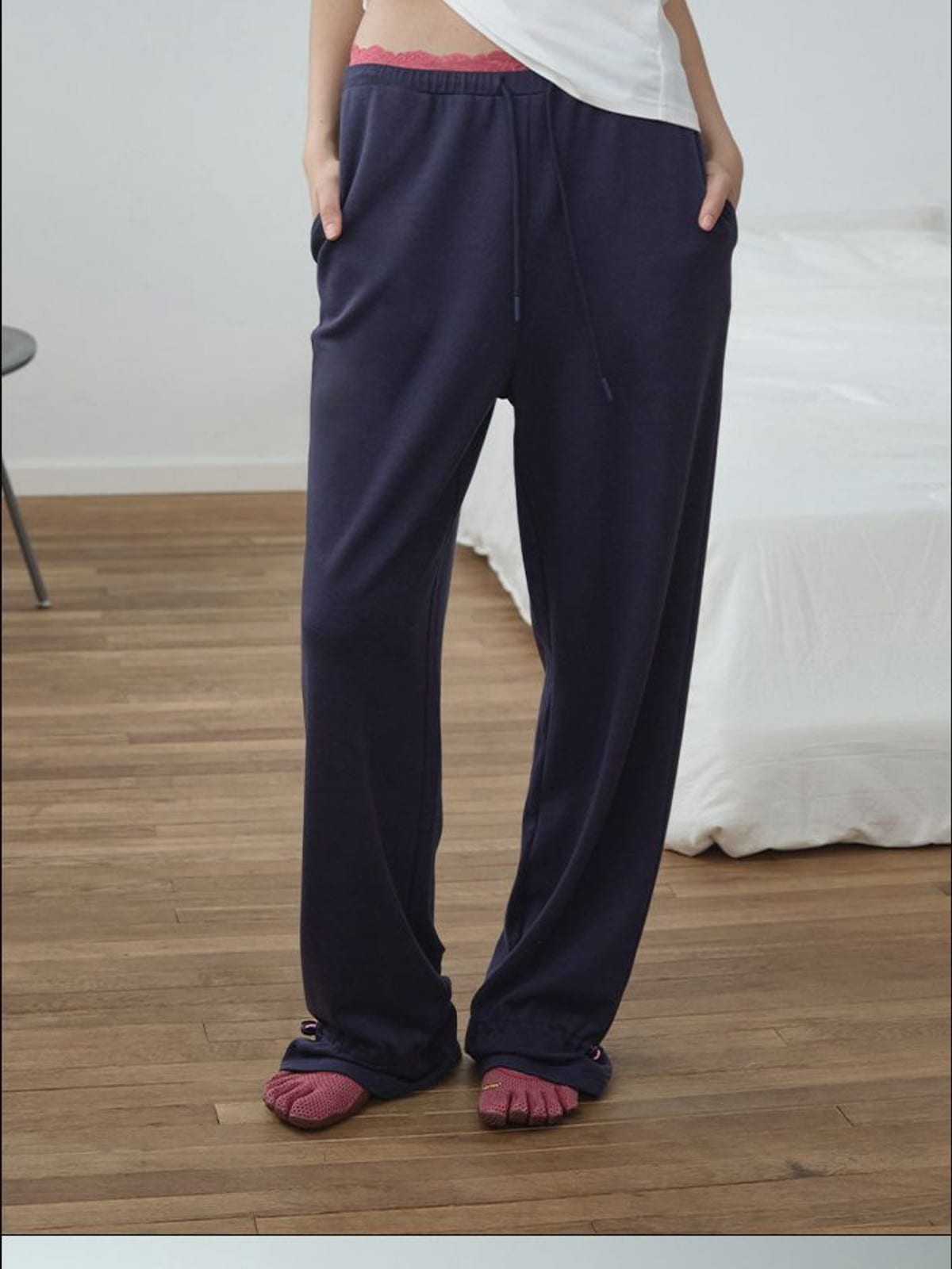 RARELY ALIKE Lace Waistband Adjustable Joggers in Navy Blue - On Female Model