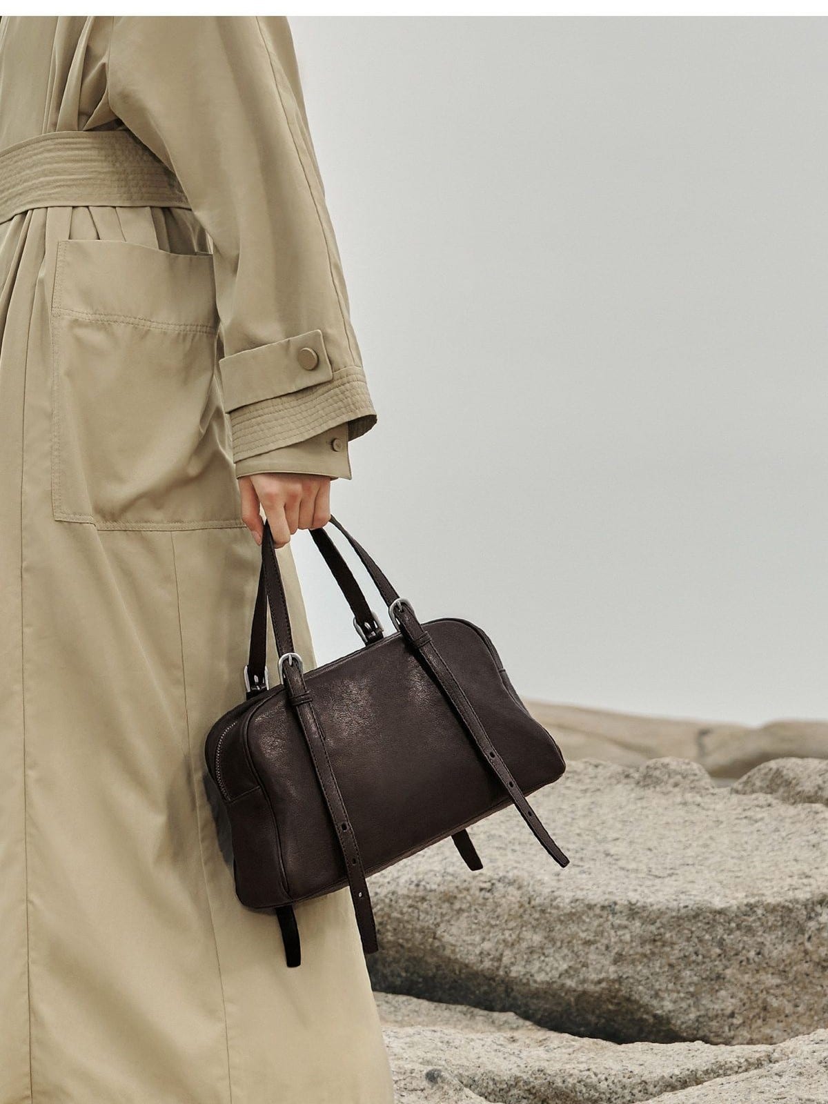 QIUZHEN Vegetable Tanned Kidskin Bowling Bag in Brown - On Model