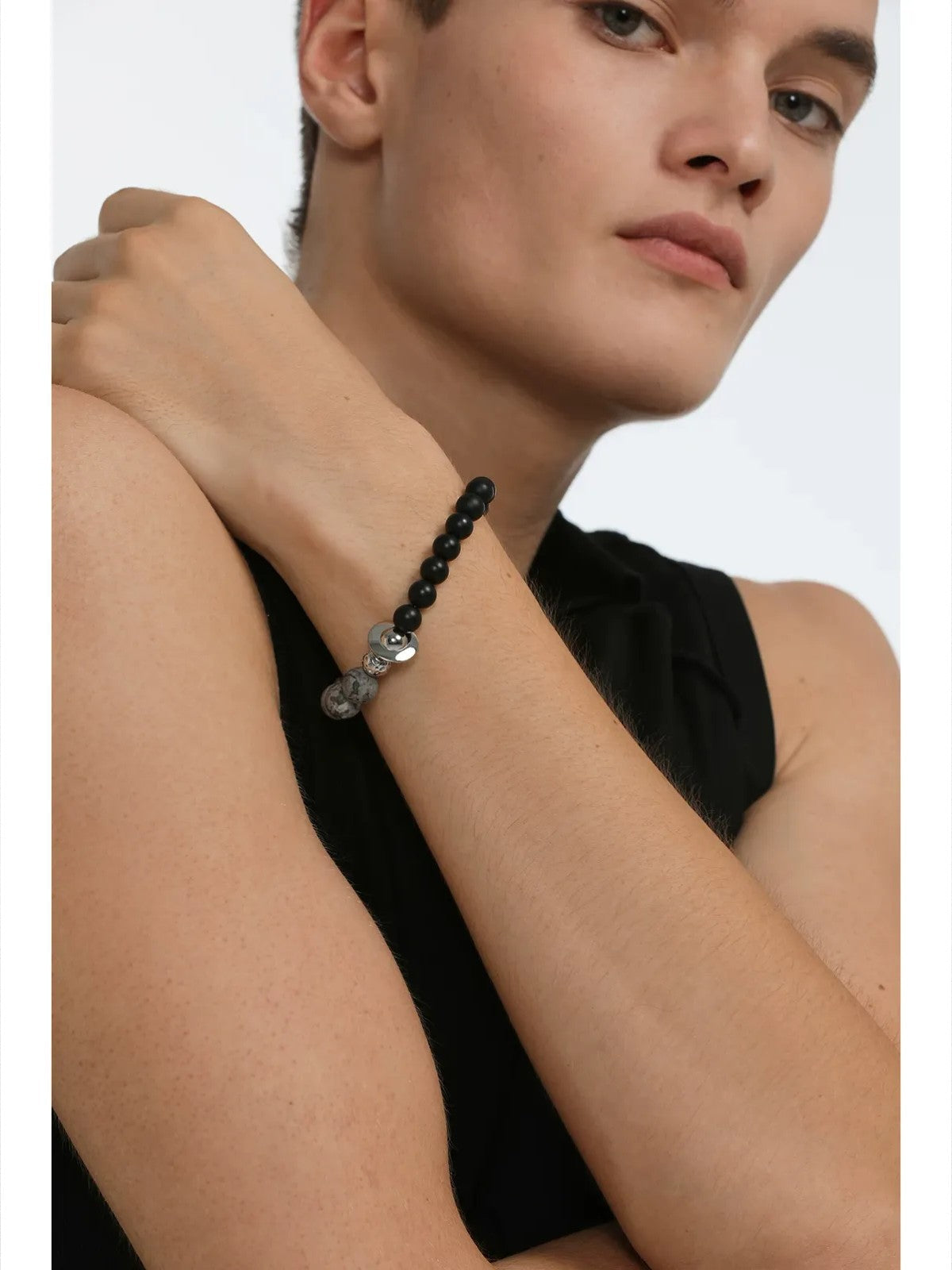 BLACKHEAD Black Agate Steel Beaded Bracelet in Black - On Male Model
